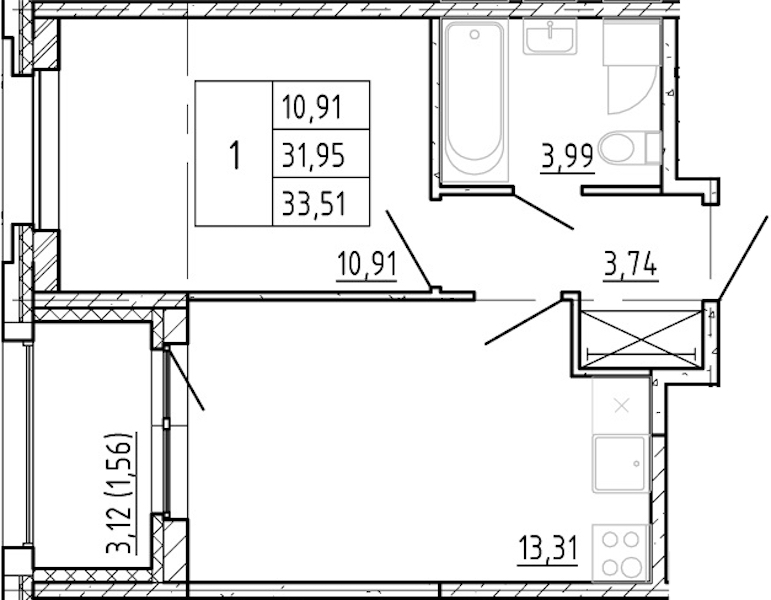1-комнатная квартира 31.95 м², 2/12 эт., ЖК «Полис Новоселье»
